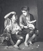 Eating boys, boys with grapes and melon, fruit, steel engraving after a painting by Bartolome