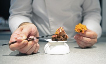 Castilian male hands create a dessert of dark chocolate and Iberico ham, Iberico ham factory in