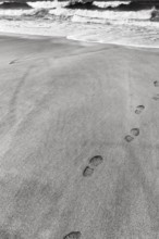Path to the sea, Skarðsvík Beach, footprints, shoe prints on the sandy beach, coastal landscape,