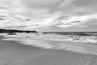 Skarðsvík Beach, surf waves on a sandy beach, coastal landscape, monochrome, Skardsvik,