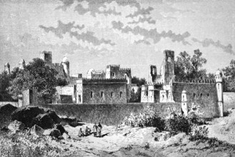 Old royal palace in Gondar or Gonder, former capital, traditional adobe architecture, wall, towers,