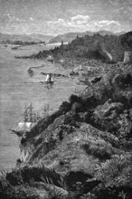 St. Lawrence River near Quebec, timber export, cargo ships, tall ships, shore landscape, forests,