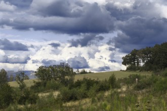 Cloudy sky over green fields and trees in a quiet landscape, Kreuztal, Siegerland