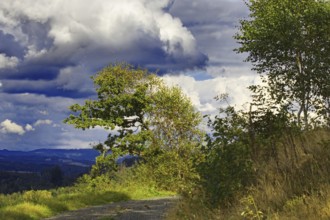 Dramatic sky over a rural landscape with green trees and meadows, Kreuztal, Siegerland