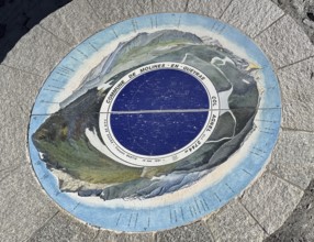 Orientation board on stone plinth at viewpoint on third highest asphalted pass in the Alps highest