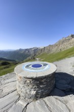In front orientation board on stone plinth at viewpoint on third highest asphalted pass in the Alps