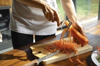 Unrecognizable person cuts a carrot into thin strips, creating thin strands on a wooden cutting