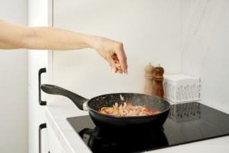 Hand pour shrimps in a frying pan on an electric stovetop. The sleek kitchen features a