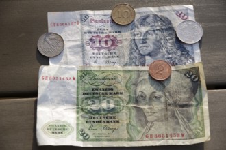 D-Mark, notes, coins, obsolete, means of payment, Germany, 10 and 20 Mark notes and coins from the