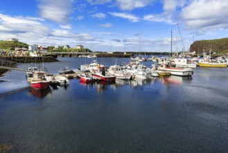 Boats in the harbour, rocky coastal landscape, Stykkisholmur, Snæfellsnes, Snaefellsnes, West