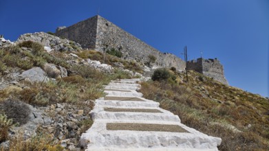 Stone staircase leads through nature to the castle, Pandeli Castle, Castle, Leros Fortress, St