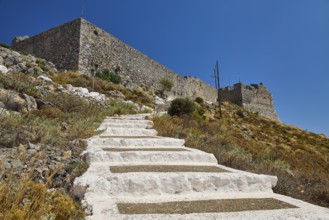 White staircase ascends to the castle wall, Pandeli Castle, Castle, Leros Fortress, St John's