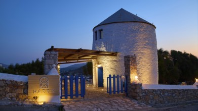 Illuminated windmill with Tor tor at dusk, Pandeli Castle, Castle, Leros Fortress, St John's