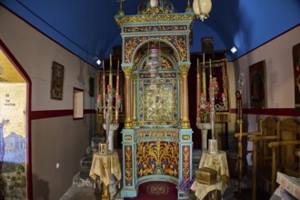 Panagia Kyra, Panagia tou Kastrou, Magnificent altar in blue church with religious icons, Pandeli