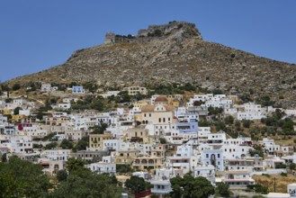 White village below a rocky castle on a hill, Pandeli Castle, castle, Leros Fortress, St John's