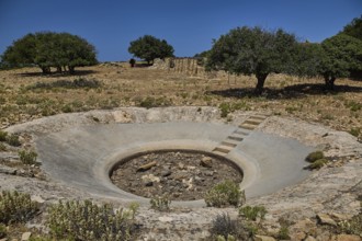 Crater in an arid environment with trees and stony ground under a blue sky, Lost Place, Air Defence