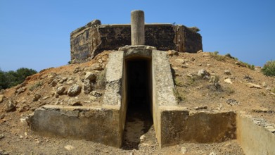 Entrance to a concrete structure on a rocky, dry hill, Lost Place, Air Defence Position, Aerophone,