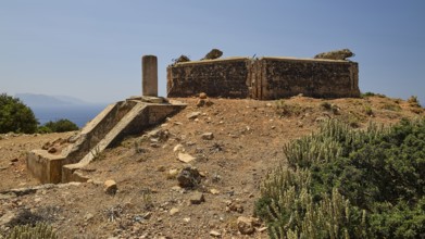 Abandoned ruin with column stump on a hill with vegetation, Lost Place, Air Defence Position,