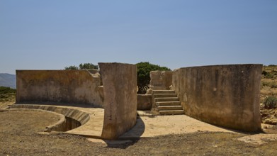 Concrete ruin with stairs and open walkway under clear sky, Lost Place, Air Defence Position,