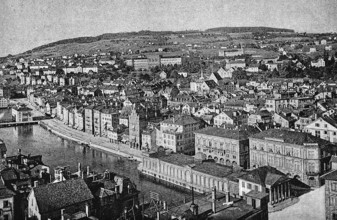 Cityscape of Zurich, view from the old town church of St Peter, old town on the Limmat, mountain,