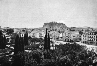 Cityscape of Athens with the Acropolis, city fortress of antiquity, villas, park, Greece,