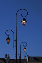 Streetlights, sky, blue, Arromanches-les-Bains, Normandy, Calvados, France