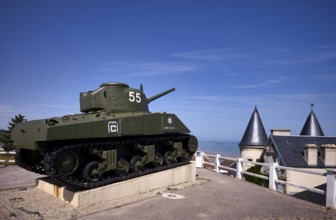 US-American Sherman tank Berry au Bac, emblem of the French liberation army, standing on the former
