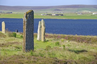 Ancient stones at the edge of a blue lake with green hills in the background, Ring of Brodgar,