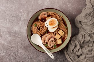 Asian soba soup, with mushrooms and egg, cheese, sesame seeds, homemade, no people