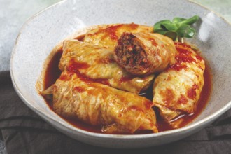 Stuffed cabbage rolls with minced meat, in tomato sauce, top view, without people, in the spotlight