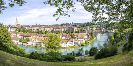 Bern City on the River Aare Panorama Old Town with Bern Minster Church in Bern, Switzerland