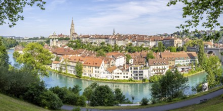 Bern City on the River Aare Old Town with Church Bern Cathedral Panorama in Bern, Switzerland