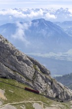 Pilatus railway cogwheel railway just in front of the summit of Mount Pilatus in the Swiss Alps in