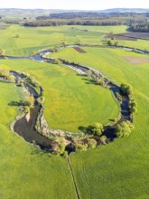 Young Danube river landscape aerial view from above near Geisingen, Germany