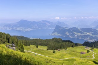 View from Fräkmündegg on Mount Pilatus to Lake Lucerne in the Swiss Alps in Pilatus, Switzerland