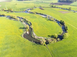 Young Danube river landscape aerial view from above near Geisingen, Germany