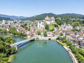 Aarburg town on the river Aare with church and fortress Aerial view from above in Aarburg,