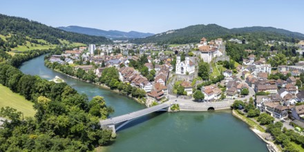 Aarburg town on the river Aare with church and fortress Aerial view panorama from above in Aarburg,