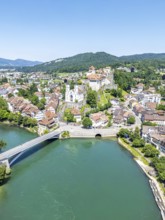 Aarburg town on the river Aare with church and fortress Aerial view from above in Aarburg,