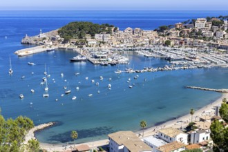 Port de Soller on Majorca from above holiday by the sea beach harbour with boats trip in Port de