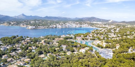 Santa Ponsa on Majorca aerial view from above holiday by the sea beach bay with boats travel