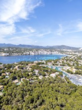 Santa Ponsa on Majorca aerial view from above holiday by the sea beach bay with boats trip in Santa