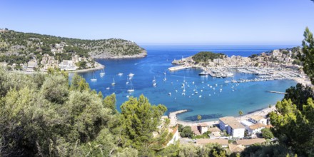 Port de Soller on Majorca from above holiday by the sea beach harbour with boats panoramic trip in
