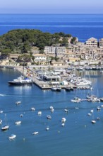 Port de Soller on Majorca from above Holiday by the sea harbour with boats trip in Port de Sóller,