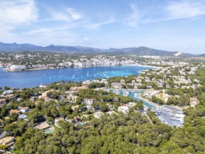 Santa Ponsa on Majorca aerial view from above holiday by the sea beach bay with boats trip in Santa