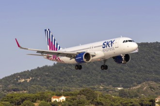 An Airbus A320neo aircraft of SKY Express with the registration SX-GNA at Rhodes Airport, Greece