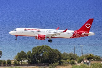 An AnimaWings Airbus A220-300 aircraft with the registration YR-FUN at Rhodes Airport, Greece