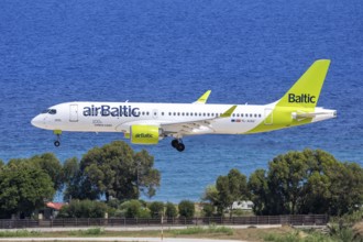 An Air Baltic Airbus A220-300 aircraft with the registration YL-AAU at Rhodes Airport, Greece