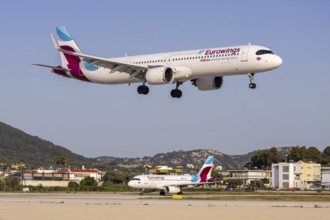 A Eurowings Airbus A321neo aircraft with the registration D-AEEB at Rhodes Airport, Greece