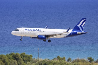 An Airbus A320 aircraft of Aegean Airlines with the registration SX-DNC at Rhodes Airport, Greece